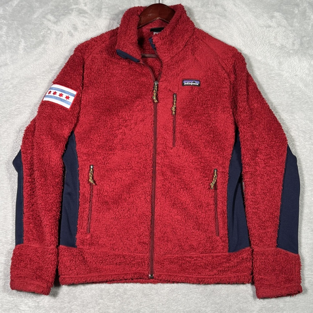 Patagonia Fleece Jacket Mens Medium Red Los Gatos Full‎ Zip Chicago Flag Patch